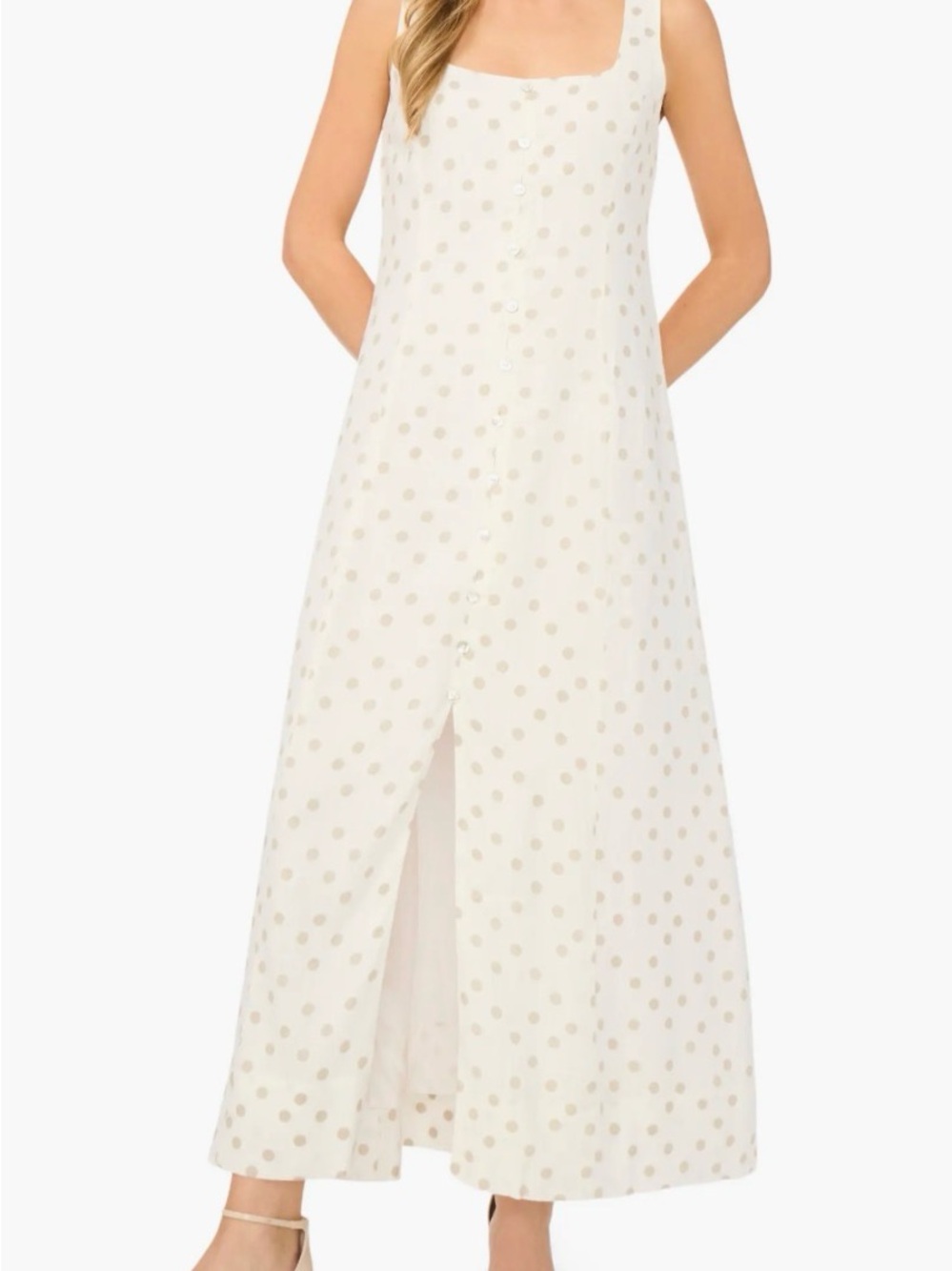 Halogen Sleeveless White Cream Polka Dot Midi Dress Medium